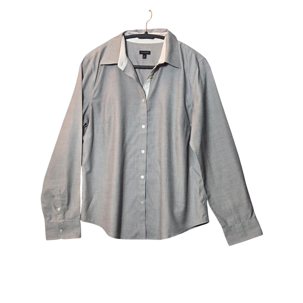 Talbots Wrinkle Resistant Cotton Button Down Shirt Gray 14 Corporate Chic Preppy